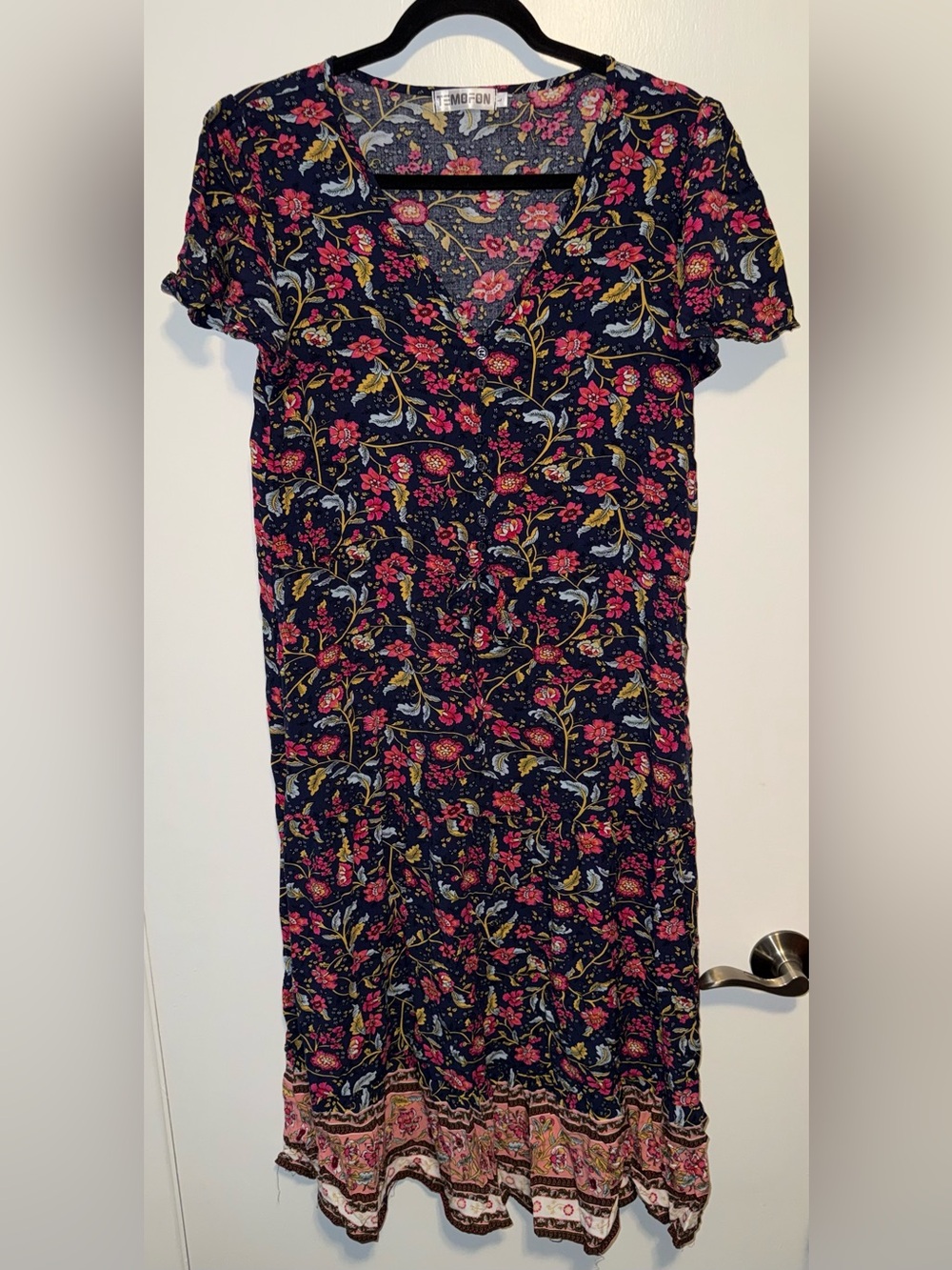 Temofon Navy Midi Dress with Pink Floral Print